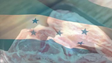 Çiğ et üzerine Honduras bayrağı dikmek mutfak temalı animasyon yaratıyor. Aşçılık, mutfak, vatanseverlik, miras, kültür, gastronomi