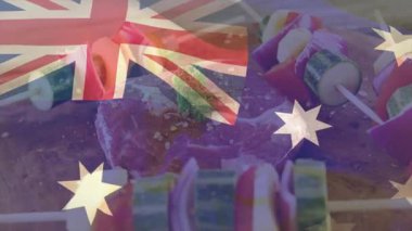 Izgara biftek ve şiş Avustralya bayrağıyla kaplanmış barbekü animasyonu. et, mutfak, açık hava, yaz, yemek, kutlama