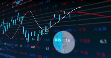 Finansal veriler analiz ediliyor, borsa grafikleri dalgalanan eğilimleri ve sayıları gösteriyor. Maliye, yatırım, borsa, analiz, dalgalanma, grafikler