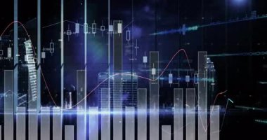 Şehir manzarası geceleri örtüşüyor, finansal veri tabloları ve grafikler animasyon oluşturuyor. Finans, ekonomi, analitik, yatırım, ticaret, teknoloji