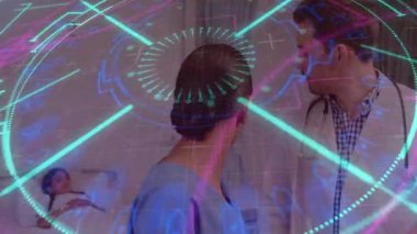 Hasta bilgilerini, dijital arayüzü ve animasyon örtüsünü kullanan doktorları tartışıyoruz. Sağlık, teknoloji, yenilik, işbirliği, tıbbi ve takım çalışması