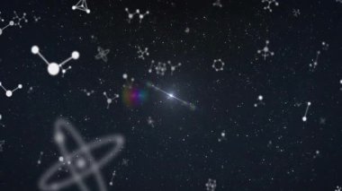 Parlayan yıldız patlaması ve gökyüzünde gökkuşağı ışığı olan moleküler yapıların animasyonu. Bilim, kimya, renkli, soyut, teknoloji, fütüristik