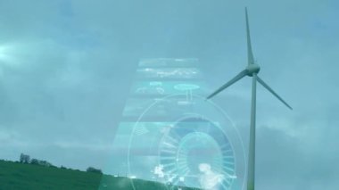 Dijital DNA ve beyin grafiklerinin animasyonu rüzgar türbiniyle örtüşüyor. Teknoloji, yenilik, yenilenebilir, biyoteknoloji, yapay zeka, sürdürülebilirlik