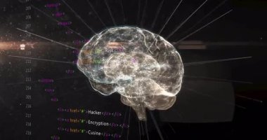 İlgi çekici teknoloji ve nöroloji, HTML kodlu dijital beyin modeli. Yapay zeka, sinirsel ağ, yenilik, fütüristik, siber uzay, programlama