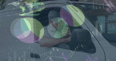 Teslimatçı ve minibüsün istatistik ve mali veri işleme görüntüsü. küresel gönderim, dağıtım, iş, veri işleme ve teknoloji konsepti dijital olarak oluşturuldu.