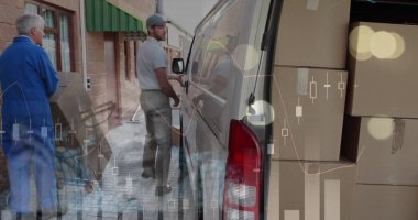 Teslimatçı ve minibüsün istatistik ve mali veri işleme görüntüsü. küresel gönderim, dağıtım, iş, veri işleme ve teknoloji konsepti dijital olarak oluşturuldu.