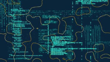 Çevre çizgileri ve dağınık kod elementleriyle dijital haritanın animasyonu. Topografi, haritalama, teknoloji, manzara, veri, harita