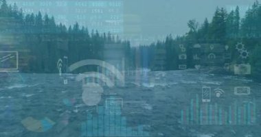 Veri analizi ve grafik animasyonları orman arazisinde akan nehir üzerinde. Doğa, teknoloji, çevre, dijital, görselleştirme, vahşi