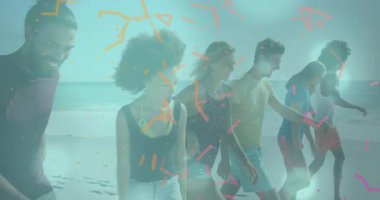 Plajda renkli ağ bağlantılarıyla yürüyen gençler animasyon örtüsüdür. Teknoloji, birbirine bağlı, gençlik, dijital, bağlantı, açık hava