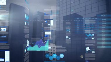 Şehrin arka planındaki verileri analiz eden dijital grafik ve grafiklerin animasyonu. Teknoloji, analitik, istatistik, finans, ilerleme, yenilik