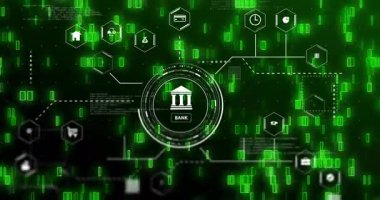 Yeşil ikili kod üzerinde dijital bankacılık simgeleri ve veri işleme animasyonu. Finans, teknoloji, siber güvenlik, fintech, yenilik, işlem