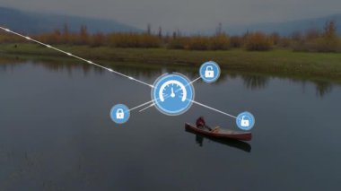 Gölde kano kullanan kişi üzerinde bağlantı ve veri işleme animasyonu ağı. Teknoloji, bağlantı, dijital, iletişim, yenilik, açık hava