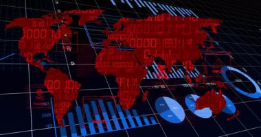 Virüs uyarılarını ve ikili kodları gösteren dijital dünya haritasının animasyonu. Teknoloji, siber güvenlik, veri, enfeksiyon, küresel, ağ