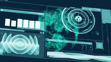 Dijital arayüzde küresel ağ bağlantılarını ve veri analizlerini gösteren animasyon. Teknoloji, iletişim, gelecekçi.