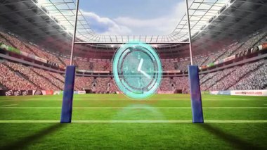 Rugby stadyumunun üzerinde saat animasyonu, tezahürat yapan kalabalık ve kale direkleri. spor, seyirci, zamanlama