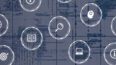 Animasyon elementli teknik belge üzerinde veri analizi ve araştırma simgeleri. Analiz, bilgi, istatistik, teknoloji, yenilik, dijital