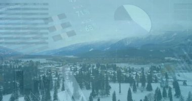 Karlı dağ manzarasının üzerinde turta şeması ve veri işleme animasyonu. Analizler, veri görselleştirme, istatistik, finans, doğa, kış