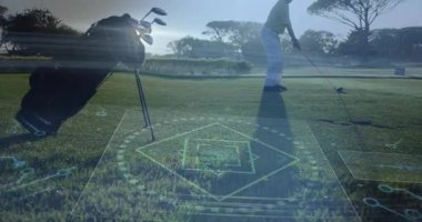 Salıncağa hazırlanan golfçü, golf sahasında animasyon örtüsü ile. Spor, atlet, doğa, hareket, performans