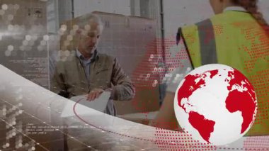 Depoda paletler düzenlemek, küresel lojistik animasyonu olan işçiler. arz zinciri, dağıtım, takım çalışması, envanter, yönetim, sanayi