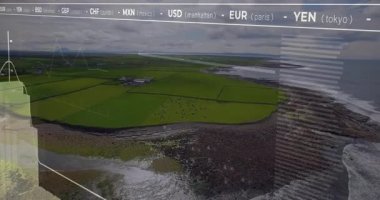 Döviz kurları yeşil alanların ve kıyı şeridinin havadan görüntüsü üzerinden animasyon oranlarını gösteriyor. Finans, ekonomi, yatırım, bankacılık, tarım, manzara