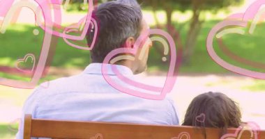 Animasyon pembe kalplerle çevrili bir adam, çocuklu bir bankta oturuyor. Aile, yakınlaşma, sevgi, boş zaman, ebeveynlik, zaman geçirme.