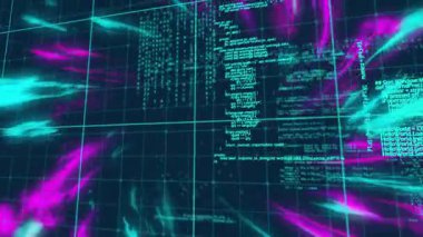 Kodlama metni ve canlı neon ışık çizgileriyle dijital ızgaranın animasyonu. Fütürist, teknoloji, siber, matris, parlayan, sanal