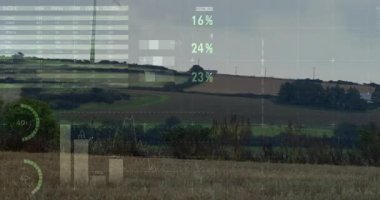 Rüzgar türbini ve peyzaj veri haritaları ve dünya haritası animasyonlarıyla örtüşüyor. Yenilenebilir, enerji, sürdürülebilirlik, çevre, bilgi, analiz