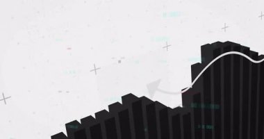 Metin veri arka planında çizgi grafiği olan siyah çubuk grafiğinin animasyonu. Analiz, istatistik, finans, büyüme, iş, analiz