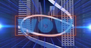 Modern şehir manzarasında beyaz girdaplı mavi metin görüntüsü. resim oyunu, eğlence ve dijital arayüz kavramı dijital olarak oluşturulmuş görüntü.