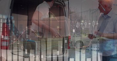 Teslimatçı üzerinden istatistik ve finansal veri işleme görüntüsü. küresel gönderim, dağıtım, iş, veri işleme ve teknoloji konsepti dijital olarak oluşturuldu.