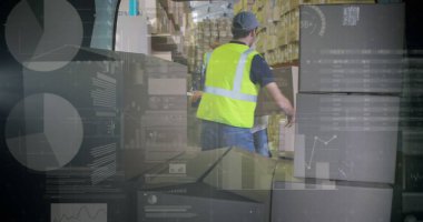 Teslimatçı üzerinden istatistik ve finansal veri işleme görüntüsü. küresel gönderim, dağıtım, iş, veri işleme ve teknoloji konsepti dijital olarak oluşturuldu.