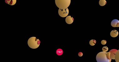 Yuvarlak kırmızı pankarttaki sayılar siyah arkaplanda yüzen birçok yüz emojisi üzerinde artıyor. Sosyal medya ağı ve teknoloji kavramı