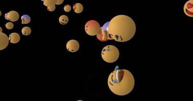 Siyah arkaplanda yüzen çoklu yüz ifadelerinin dijital görüntüsü. Sosyal medya ağı ve teknoloji kavramı