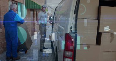 Beyaz erkek teslimatçıyla ilgili istatistiksel veriler üst düzey erkek işçiyle tokalaşıyor. lojistik ve ulaşım sektörü kavramı