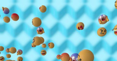 Mavi arkaplanda yüzen emoji simgeleri. küresel sosyal medya ve iletişim konsepti dijital olarak oluşturulmuş görüntü.