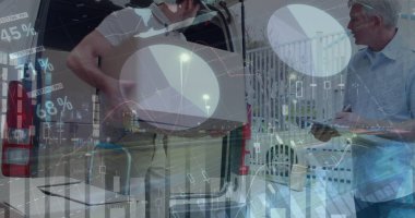 Depodan arabaları yükleyen teslimatçının mali veri işleme görüntüsü. küresel sevkiyat, dağıtım ve bağlantılar konsepti dijital olarak oluşturuldu.