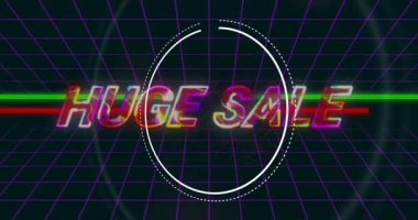 Izgara arkaplan üzerinde neon renkli retro-stil büyük satış metninin animasyonu. Klasik, canlı, reklam.