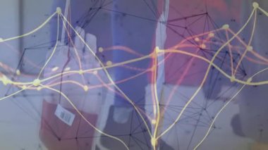 Bulanık arkaplanda soyut ağ bağlantılarıyla veri işleme animasyonu. Teknoloji, ağ oluşturma, dijital, geleceksel, iletişim