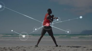 Plajda ağ bağlantıları ve veri işleme animasyon örtüsü olan biri. Teknoloji, yenilik, dijital, bağlantı, iletişim, fütüristik
