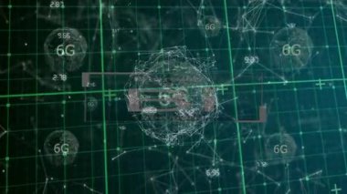 5G ve 6G teknoloji elementleriyle dijital ağ ve veri işleme animasyonu. İletişim, yenilik, bağlantı, kablosuz, gelişim, fütüristik