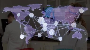 Laboratuvardaki bilim adamları üzerinde bağlantılar ve veri işleme animasyonu ağı. Teknoloji, yenilik, araştırma, bilim, ağ oluşturma, dijital