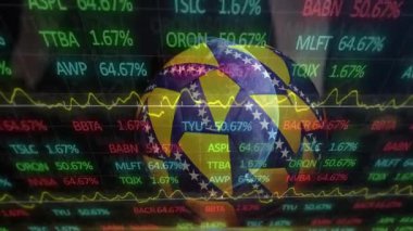 Okuldaki Brezilya bayrak küresi üzerinde değişen borsa verilerinin animasyonu. Finans, yatırım, küresel, eğitim, ekonomi, analiz