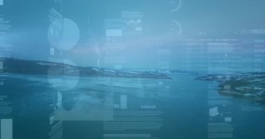 Su ve uzak dağlarla huzurlu bir arazide veri işleme animasyonu. Teknoloji, yenilik, dijital, sükunet, doğa