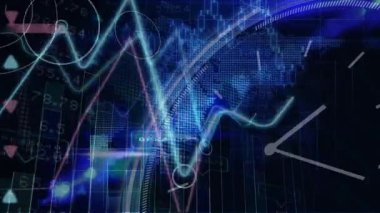 Birbirine dolanan dijital saat ve veri grafikleri mavi animasyon teknolojisi kalıplarıyla. yenilik, fütüristik, tasarım, bilgi, görselleştirme