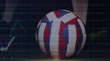 Piyasa eğilimlerini gösteren finans grafiğiyle futbol topunun animasyonu. Finans, hisse senedi, spor, analitik, rekabet, ekonomi