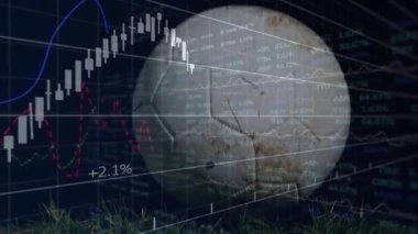 Borsa grafikleri ve veri işleme animasyonları çim üzerinde eski futbol topunun üzerinde. Finans, ekonomi, teknoloji, analitik, yatırım, iş