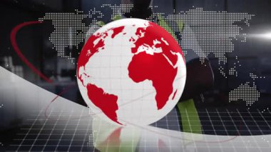 Şebeke arka planında dijital dünya haritası animasyonu olan dönen kırmızı küre. Teknoloji, yenilik, veri, küresel, ağ, fütüristik