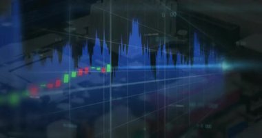 Borsa animasyonunda mavi çizgi üzerine dalgalanan şamdan şeması. Finans, yatırım, analiz, ticaret, veri, ekonomi