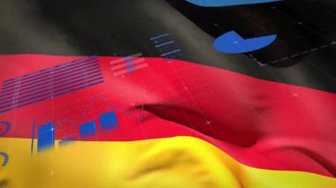 Veri tabloları ve dünya haritası olan Vietnam bayrağı animasyonu örtüyor. Uluslararası, analitik, istatistik, finans, ekonomi, küresel