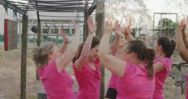 Birlikte kutluyoruz, pembe tişörtlü kadınlar dışarıda beşlik çakıyor. Kutlama, takım çalışması, birlik, arkadaşlık, coşku, mutluluk